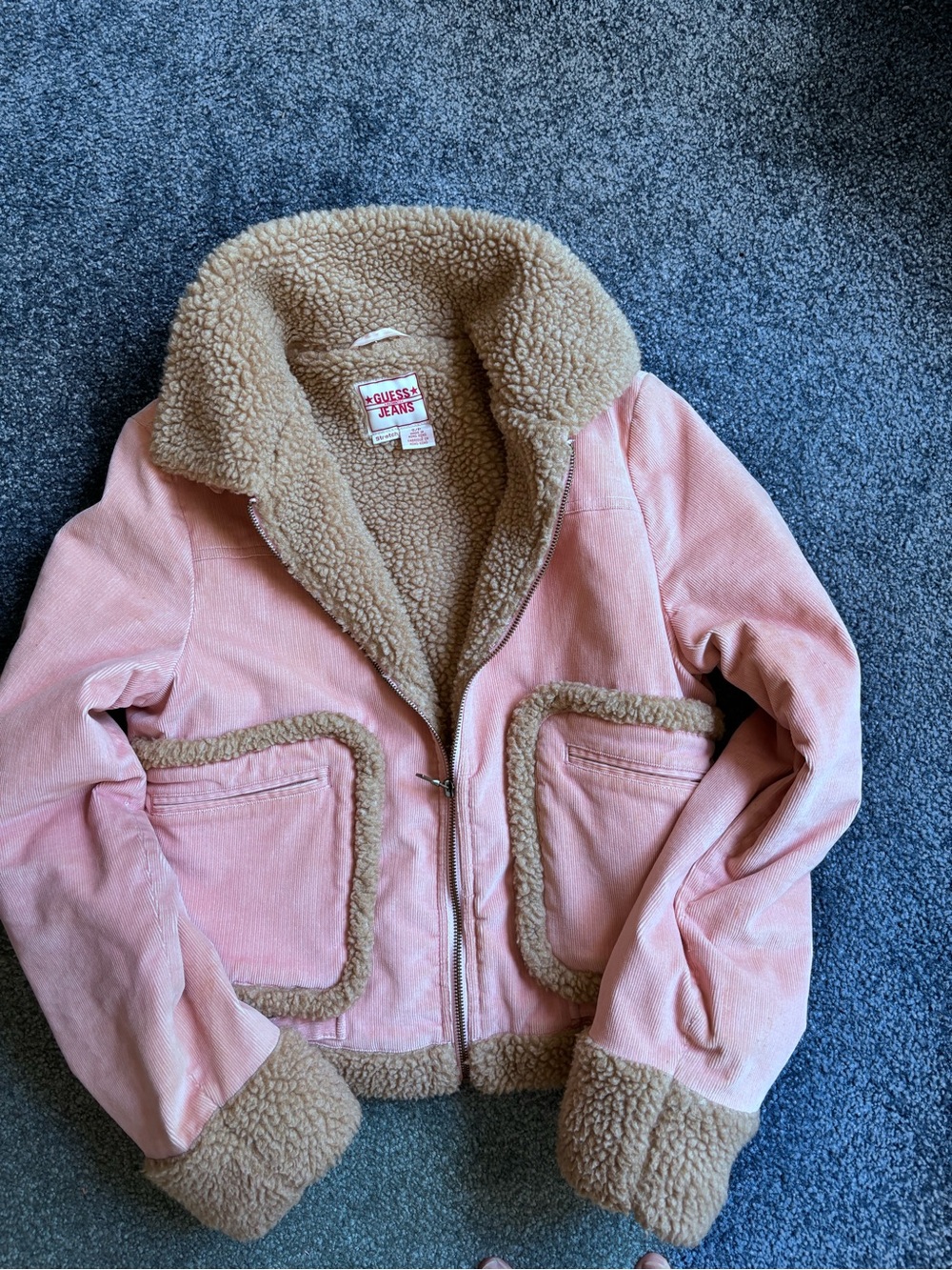 Guess Pink Corduroy Puffer Jacket with Tan Faux-Shearling Trim